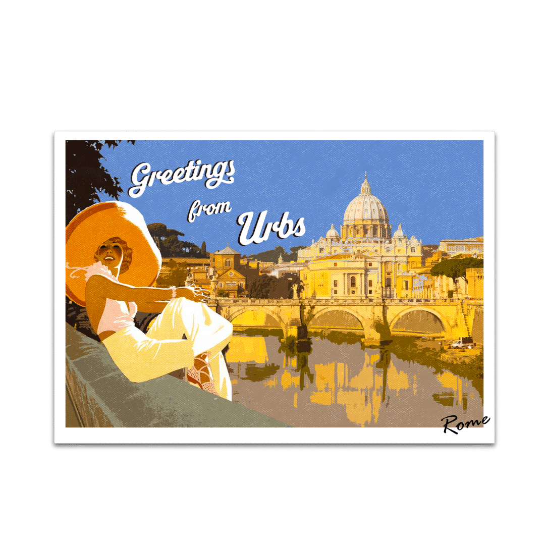 Illustrazione stilizzata del Lungotevere romano con la scritta "Greeting from Urbs"