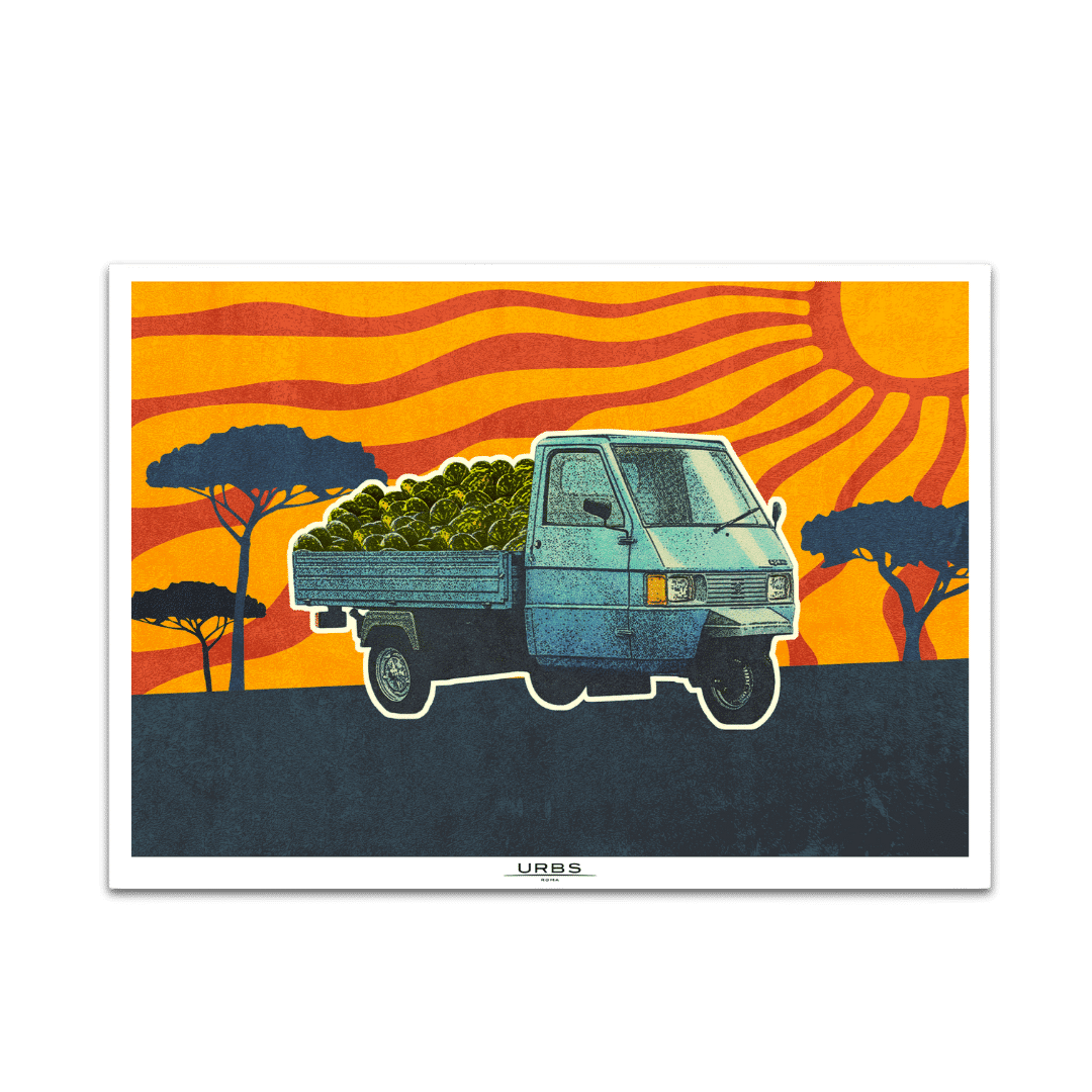 Illustrazione stilizzata di cocomeri trasportati su Ape car a tre ruote nella campagna romana
