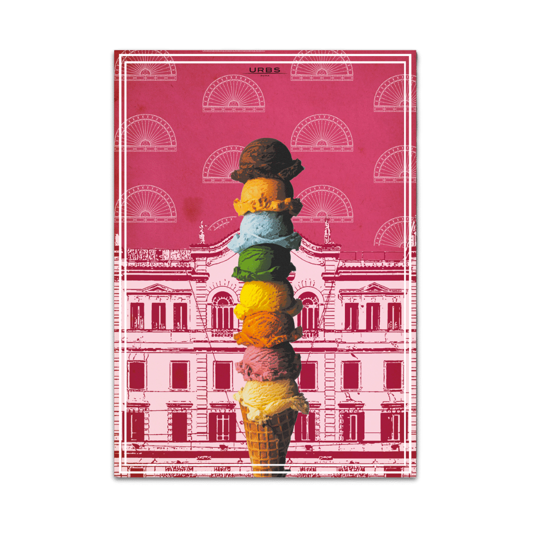 Illustrazione stilizzata di un gelato multigusto davanti a un palazzo storico romano